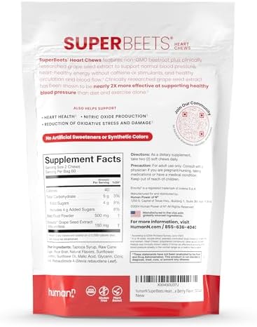 HumanN SuperBeets Heart Chews, Nitric Oxide and Blood Pressure Support, Grape Seed Extract & Non-GMO Beet Root Powder Energy, Pomegranate Berry Flavor, 120 Count