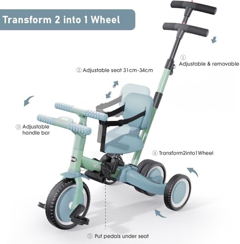 newyoo Toddler Tricycle with Push Handle for 1-3 Year Old, Toddler Bike, Birthday Gifts and Toys for Boys and Girls, 5 in 1 Kids Trike, Convert to Baby Balance Bike, Green, TR007