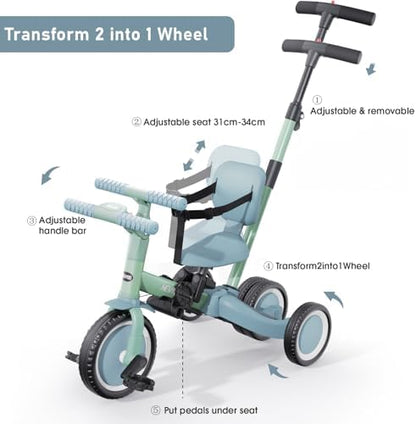 newyoo Toddler Tricycle with Push Handle for 1-3 Year Old, Toddler Bike, Birthday Gifts and Toys for Boys and Girls, 5 in 1 Kids Trike, Convert to Baby Balance Bike, Green, TR007