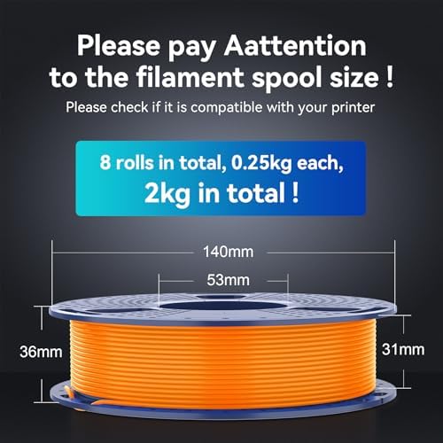 SUNLU 3D Printer Filament Pack, 0.25kg Each Spool, Total 2kg, Mini Spool, PLA+ Filament 1.75mm, 8 Packs, Black+White+Grey+Blue+Green+Red+Orange+PureYellow