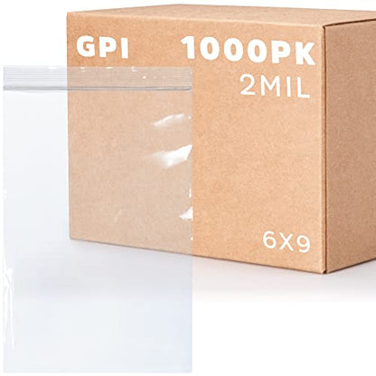 GPI Case of 1000 6" X 9" Clear Plastic Reclosable Zip Bags - Bulk 2 Mil Thick Strong & Durable Poly Baggies with Resealable Zipper Top Lock & Write-on White Block, for Storage, Packaging & Shipping