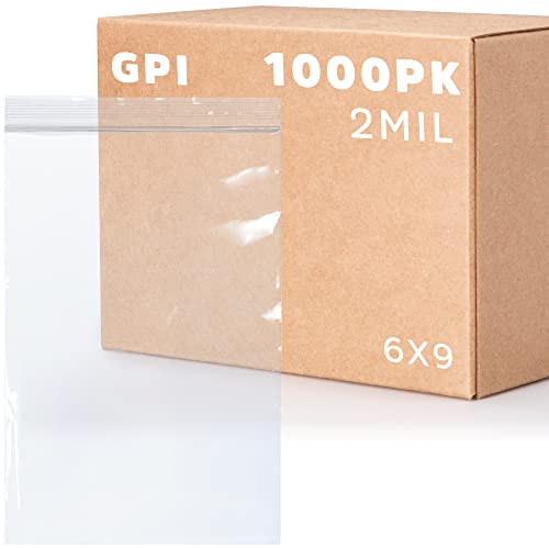 GPI Case of 1000 6" X 9" Clear Plastic Reclosable Zip Bags - Bulk 2 Mil Thick Strong & Durable Poly Baggies with Resealable Zipper Top Lock & Write-on White Block, for Storage, Packaging & Shipping