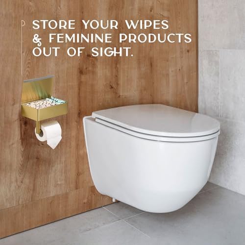 Day Moon™ Brushed Gold Toilet Paper Holder with Shelf, Wipe Holder for Bathroom Flushable Wipes Dispenser, Toilet Paper and Wipes Holder, Toilet Paper Holder with Storage