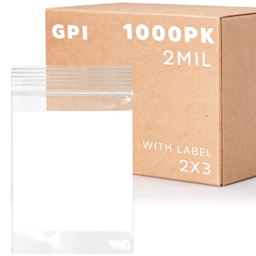GPI Case of 1000 2" x 3" CLEAR PLASTIC RECLOSABLE ZIP BAGS - Bulk 2 mil Thick Strong & Durable Poly Baggies With Resealable Zipper Top Lock & write-on white block, for labeling, packaging & Storage.