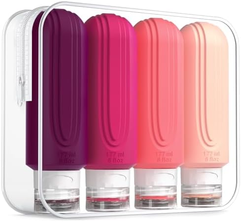 Travel Bottles for Toiletries, Large 6oz Oversize Containers, BPA Free Leak Proof Tubs Refillable Liquid Traveler Accessories with Toiletry Bag for Cometic Shampoo and Lotion Soap (4 Pack)