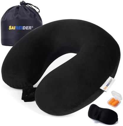 SAIREIDER Neck Pillows for Travel 100% Memory Foam Adjustable Travel Pillows with Storage Bag, Sleep Mask and Earplugs-Prevent The Heads from Falling Forward (Black)