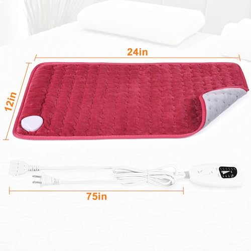 Heating Pad-Electric Heating Pads for Back,Neck,Abdomen,Moist Heated Pad for Shoulder,Knee,Hot Pad for Arms and Legs,Dry&Moist Heat & Auto Shut Off(Burgundy,12''×24'')