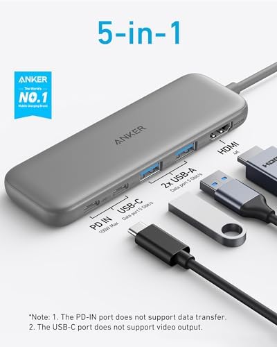 Anker USB C Hub, 5-in-1 USBC to HDMI Splitter with 4K Display, 1 x Powered USB-C 5Gbps & 2×Powered USB-A 3.0 5Gbps Data Ports for MacBook Pro, MacBook Air, Dell and More (Grey)