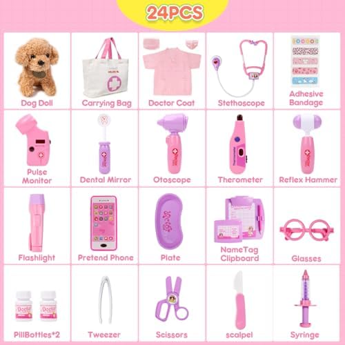 Meland Toy Doctor Kit for Girls - Pretend Play Doctor Set with Dog Toy, Carrying Bag, Stethoscope Toy & Dress Up Costume - Doctor Play Gift for Kids Toddlers Ages 3 4 5 6 Year Old for Role Play