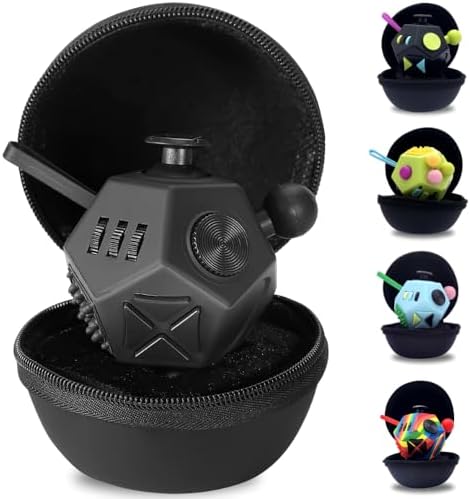 PILPOC theFube Fidget Cube with 12 Sides - Handy Anxiety Toys for Kids and Adults - Fidget Dice for Stress Relief & Focus - Anti Stress Cube for ADHD, ADD, with Carry Case Black