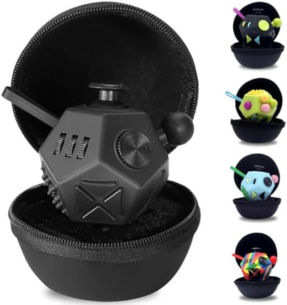 PILPOC theFube Fidget Cube with 12 Sides - Handy Anxiety Toys for Kids and Adults - Fidget Dice for Stress Relief & Focus - Anti Stress Cube for ADHD, ADD, with Carry Case Black