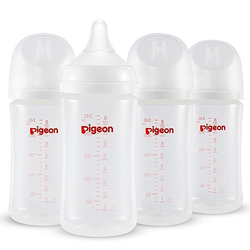 Pigeon PP Nursing Bottle Wide Neck, Anti-Colic, Streamlined Body, Natural Feel, Easy to Clean, 8.1 Oz(Pack of 4), Includes 4pcs M Nipples (3m+)