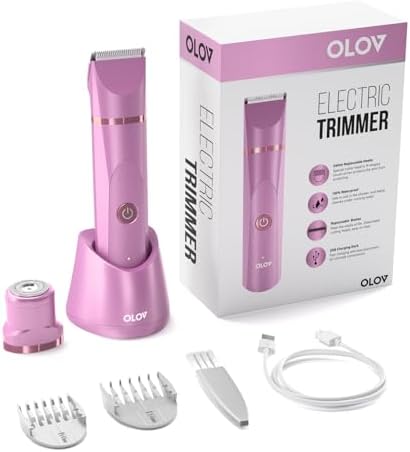 OLOV Electric Body Hair Trimmer - Groin Trimmer for Men - Bikini Trimmer Women - Wet/Dry Shaver Groomer, Replaceable Ceramic Blade Heads, USB Recharge Dock, Waterproof Hygiene Razor, Pink