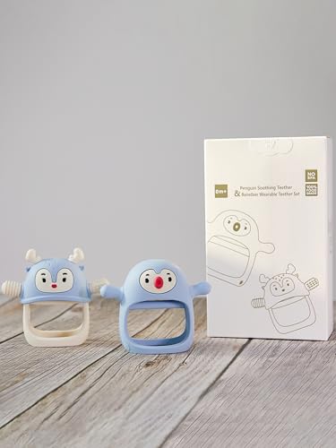 Smily Mia 2 Packs Baby Teething Toy for 0-6 6-12 Months, Food Grade Silicone Teething Mitten, Anti Dropping Wrist Hand Teethers Baby Chew Toys for Sucking&Chewing, BPA Free, Light Blue