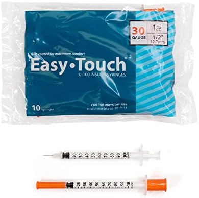 Easy Touch U-100 Insulin Syringe with Needle, 30G 1cc 1/2-Inch (12.7mm), Box of 100
