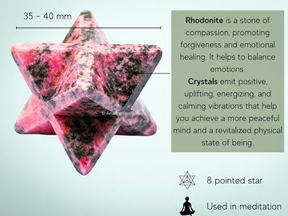 Amazing Gemstone Rhodonite Merkaba Crystal - 1.5 Inches Metaphysical Merkaba Star for Meditation - Energetic Tetrahedron Crystal and Healing Stones for Spiritual Growth and Healing (35-40mm)