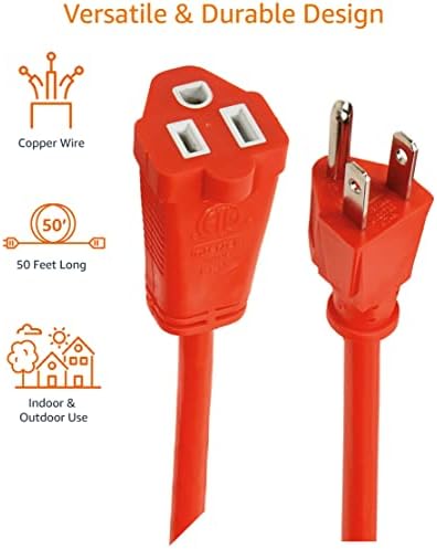 Amazon Basics 50 foot 3-Prong Vinyl Indoor/Outdoor Extension Cord - 13 Amps, 1625 Watts, 125 VAC, Orange