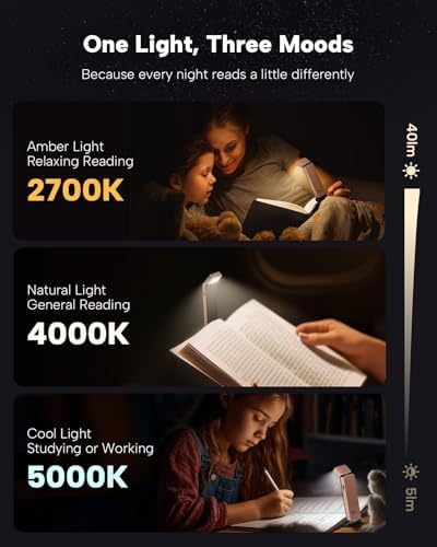 86lux Book Light, Rechargeable Clip-On LED Reading Light for Bed & Night Use - 3 Color Temperatures with Stepless Dimming, Ultralight Bookmark Design for Kids, Book Lovers, Pink Brown