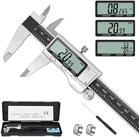 Digital Caliper Measuring Tool, 6 Inch Caliper Tool with Large LCD Screen, Easy Switch from Inch Millimeter Fraction, Stainless Steel Vernier Caliper Digital Micrometer for DIY/Household