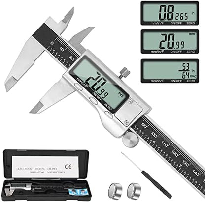 Digital Caliper Measuring Tool, 6 Inch Caliper Tool with Large LCD Screen, Easy Switch from Inch Millimeter Fraction, Stainless Steel Vernier Caliper Digital Micrometer for DIY/Household