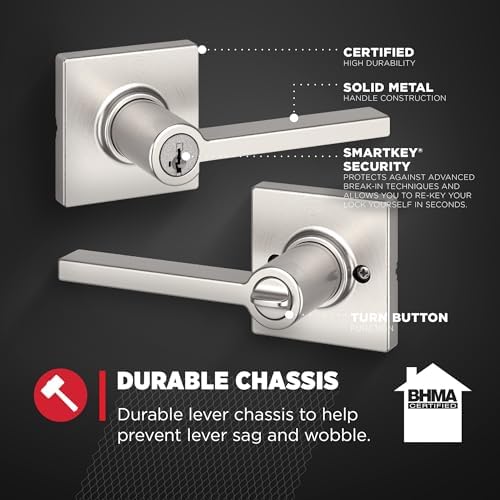 Kwikset Casey Entry Door Handle with Lock and Key, Secure Keyed Reversible Lever Exterior, For Front Entrance and Bedrooms, Satin Nickel , Pick Resistant Smartkey Rekey Security and Microban