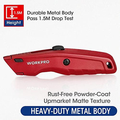 WORKPRO Premium Utility Knife, Retractable All Metal Heavy Duty Box Cutter, Quick Change Blade Razor Knife, 3PCS with 10 Extra Blades