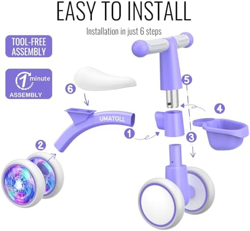 Umatoll Colorful Lighting Baby Balance Bike for 1 Year Old Boys Girls, 12-24 Months Toddler Bike with Basket, Adjustable Seat, First Birthday Gift (Purple)