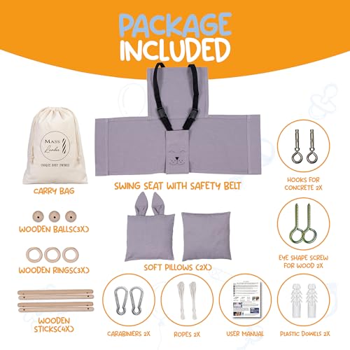 Indoor Outdoor Baby Swing with 3-Point Harness and Hardware for Ceiling, Porch, Doorway, Canvas Baby Swing Outdoor Toddler Swing Seat Grey