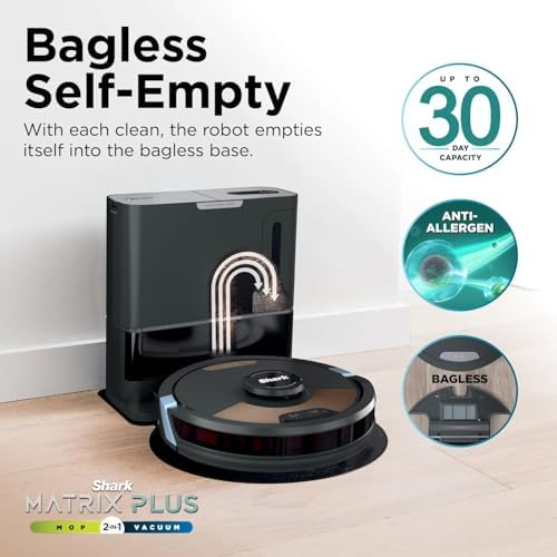 Shark Matrix Plus 2-in-1 Robot Vacuum & Sonic Mop, Home Mapping, HEPA Bagless Self Empty Base with 30-Day Capacity, CleanEdge, for Pet Hair, WiFi, UR2650WS (Renewed)