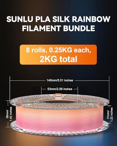 SUNLU 3D Printer Filament Bundle, PLA Silk Rainbow Filament Multicolor, Fast Color Change Each 8 Meters, Individually Vacuum Packed, 250g Spool, 8 Rolls, 2kg Total, 6 Silk Rainbow+Light Gold+Silver