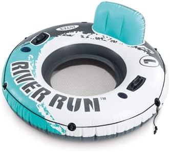 INTEX 56825EP River Run 1 Inflatable Floating Lounge: Comfortable Backrest – Built-in Cup Holders – Durable Grab Handles – All Around Grab Rope – 220lb Weight Capacity – Color May Vary