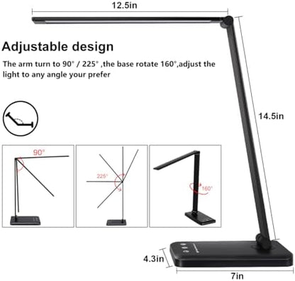 White crown LED Desk Lamp Dimmable Table Lamp Reading Lamp with USB Charging Port, 5 Lighting Modes, Sensitive Control, 30/60 Minutes Timer (Black, First-Generation)