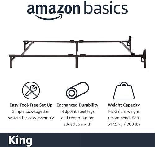 Amazon Basics Metal Bed Frame, 9-Leg Base for Box Spring and Mattress, King, Tool-Free Easy Assembly, Black