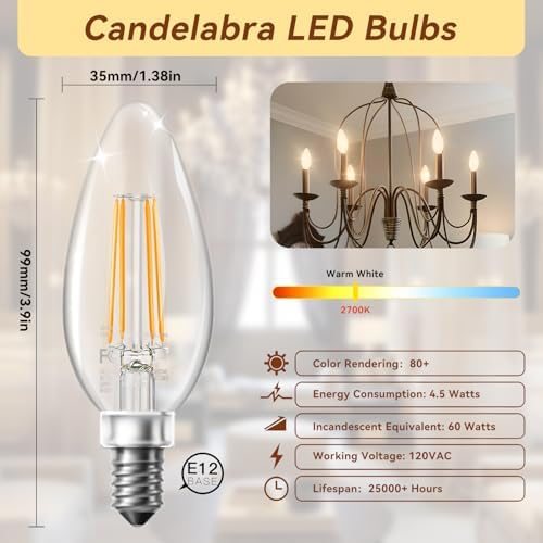 TJOY LED Candelabra Bulbs Dimmable, 60W Equivalent Chandelier Light Bulb, E12 Small Base, 4.5W 2700K Soft Warm White, B11 Vintage Filament Clear Glass Candle Light for Ceiling Fan Chandeliers, 12Pack