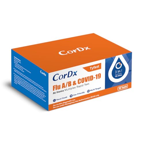 CorDx Tyfast at Home Flu A/B and COVID 19 Rapid Test Kit, Easy, Accurate, Fast Results in 10 Minutes, (10-Pack)