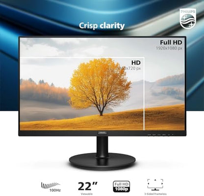 Philips 221V8LB 22 inch Class Thin Full HD (1920 x 1080) Monitor, 100Hz Refresh Rate, VESA, HDMI x1, VGA x1, LowBlue Mode, Adaptive Sync, 4 Year Advance Replacement Warranty