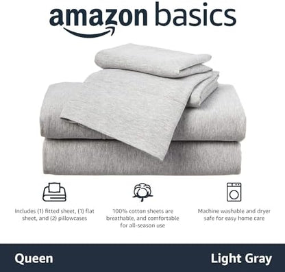 Amazon Basics 4 Piece Bed Sheet Set, 100% Cotton Jersey, Includes Super Soft, Flat and Fitted Sheets, Pillowcase, Queen, Light Gray, Solid