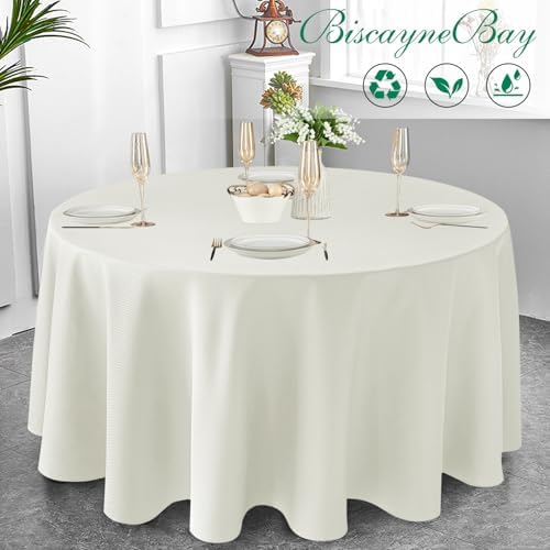 Biscaynebay Textured Fabric Round Tablecloths 90", Ivory Water Resistant Washable Table Cloths Circle Folding Table Covers Linen for Dining, Kitchen, Wedding, Parties etc