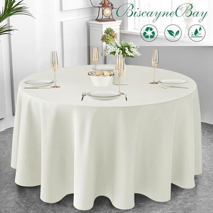 Biscaynebay Textured Fabric Round Tablecloths 90", Ivory Water Resistant Washable Table Cloths Circle Folding Table Covers Linen for Dining, Kitchen, Wedding, Parties etc