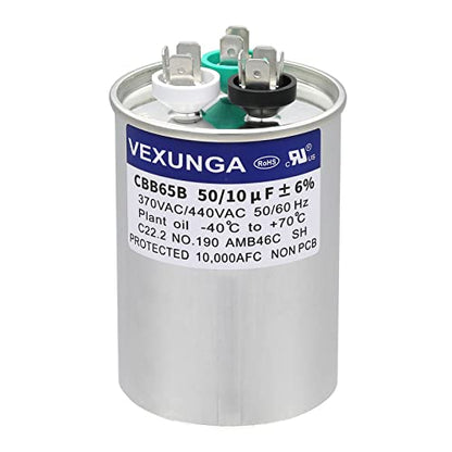 50/10 uF 50+10 MFD 370VAC or 440VAC Dual Run Start Round A/C Capacitor CBB65 CBB65B Air Conditioner Capacitors for AC Unit Fan Motor Start or Heat Pump or Condenser Straight Cool