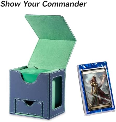 Card Deck Box for MTG Commander - Patented Design, Commander Display, Fits 100 Double-Sleeved Cards, 35pt Card Brick & Dice Tray - Blue/Green
