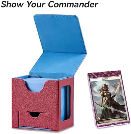 Card Deck Box for MTG Commander - Patented Design, Commander Display, Fits 100 Double-Sleeved Cards, 35pt Card Brick & Dice Tray - Red/Blue