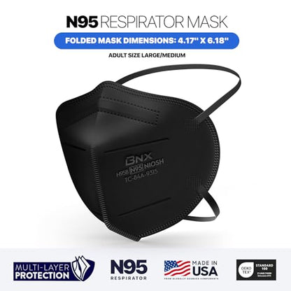 AccuMed BNX N95 Mask Black NIOSH Certified MADE IN USA Particulate Respirator Protective Face Mask (20-Pack, Approval Number TC-84A-9315 / Model H95B) Black
