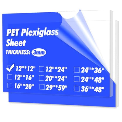 Art3d (2 Pack) 1/8" Thick Plexiglass Sheets - 12" x 12" PET Clear Acrylic Sheets for Art Design, Craft Projects, Signs, DIY in Home, Wedding, Festival,Party,Office