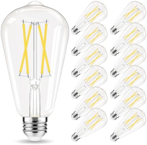 Edison Bulbs 60 watt Equivalent LED, E26 LED Bulb Non-Dimmable, 4000K Daylight White, ST58 Vintage Light Bulbs, 90+ CRI, 6W 600LM, E26 Medium Base, Clear Glass, 12 Pack