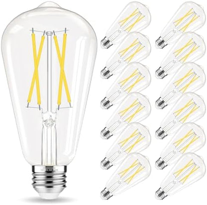 Edison Bulbs 60 watt Equivalent LED, E26 LED Bulb Non-Dimmable, 4000K Daylight White, ST58 Vintage Light Bulbs, 90+ CRI, 6W 600LM, E26 Medium Base, Clear Glass, 12 Pack