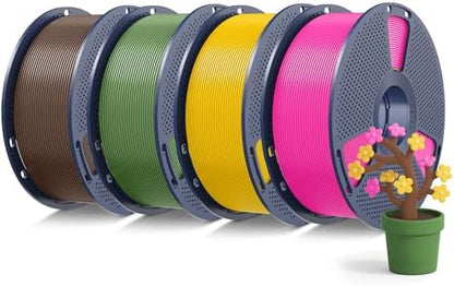 SUNLU PLA+2.0 3D Printer Filament Bundle, 4KG Upgrade PLA+ Filament 1.75mm, Dimensional Accuracy +/-0.02mm, 1KG per Spool, 4 Packs, 4KG Total, Coffee Brown+Olive Green+Magenta+Vivid Yellow