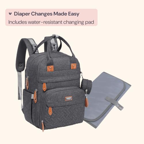 BabbleRoo Diaper Bag Backpack - Baby Essentials Travel Tote - Multi Function Waterproof Diaper Bag, Travel Essentials Baby Bag with Changing Pad, Stroller Straps & Pacifier Case - Unisex, Dark Gray
