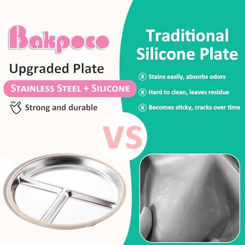 Stainless Steel Baby Plate with Suction, 9” Divided Toddler Plates with Removable Silicone Sleeves for Kids, Non-Toxic Non-Slip Unbreakable Dishwasher Safe Dinnerware Set of 2, Pink & Beige