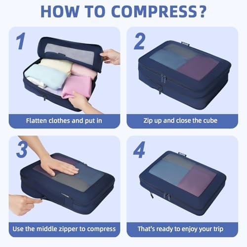 BAGAIL 4 Set/6 Set/8 Set Compression Packing Cubes Travel Accessories Expandable Packing Organizers (Square Mesh, 06-Navy)